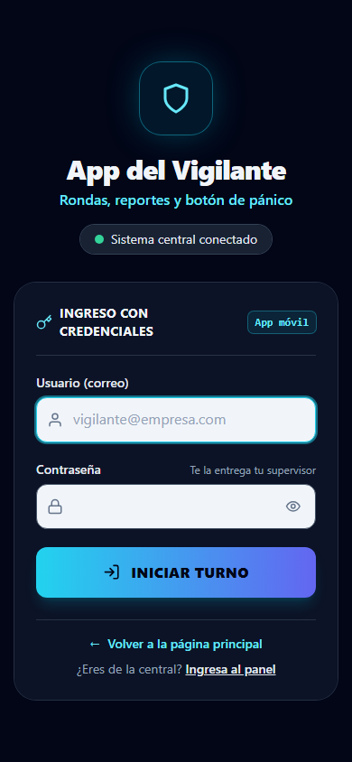 Pantalla de ingreso de la app del vigilante