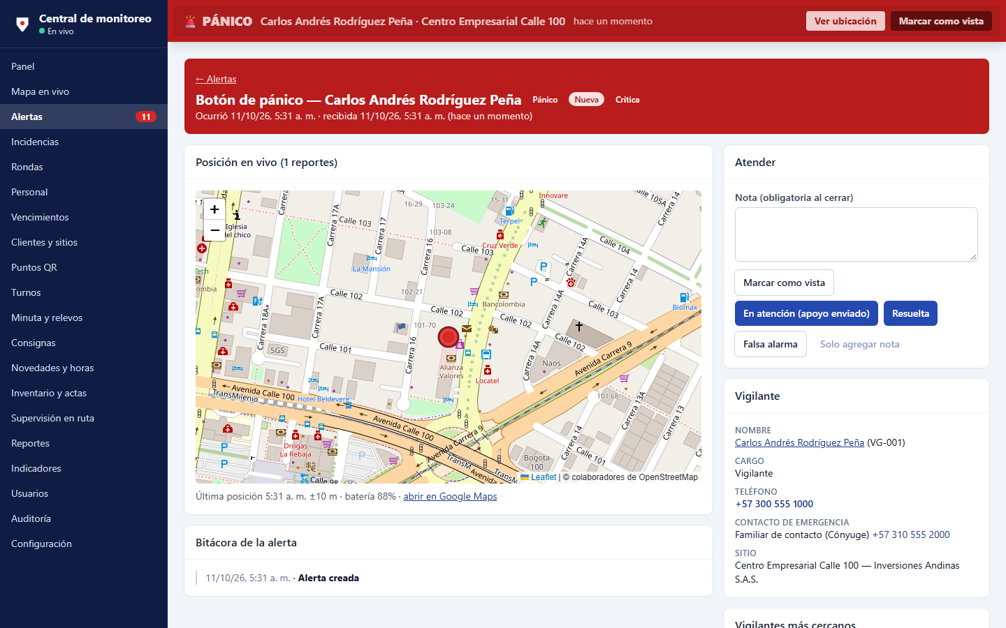 Detalle de un pánico con mapa, opciones de atención y datos del vigilante