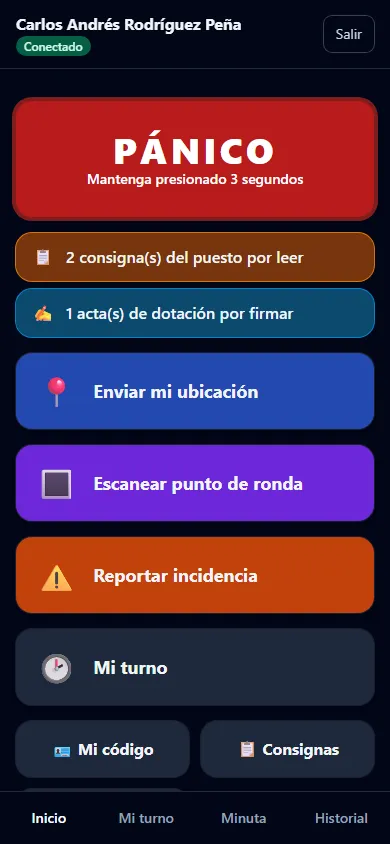 App del vigilante en el celular con el botón de pánico